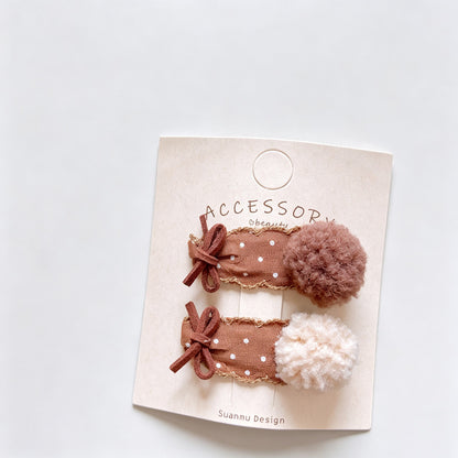 Brown Bow Pom Pom Hair Clips