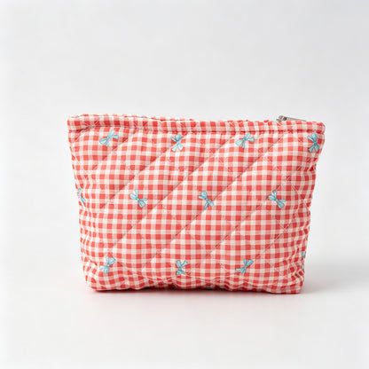 Gingham Bow Print Quilted Zipper Pouch