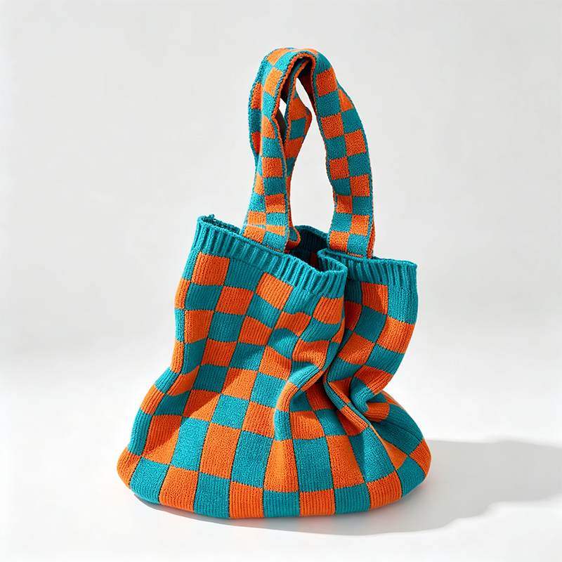 Checkered Knit Tote Shoulder Bag