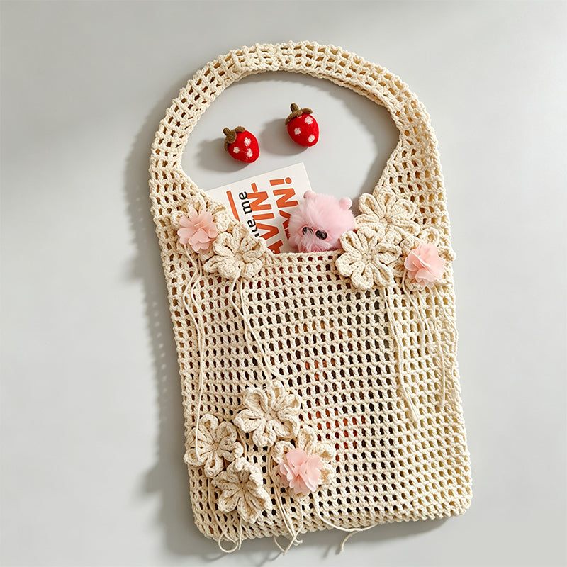 Vintage Pastoral Hand Crochet Floral Knit Tote Bag