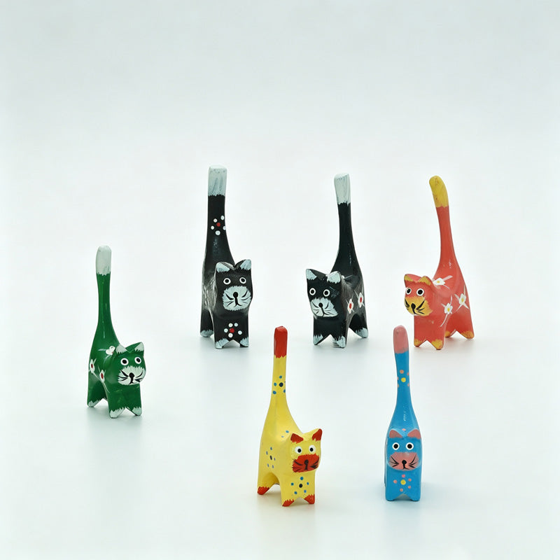 Painted Wooden Cat Figurine Set