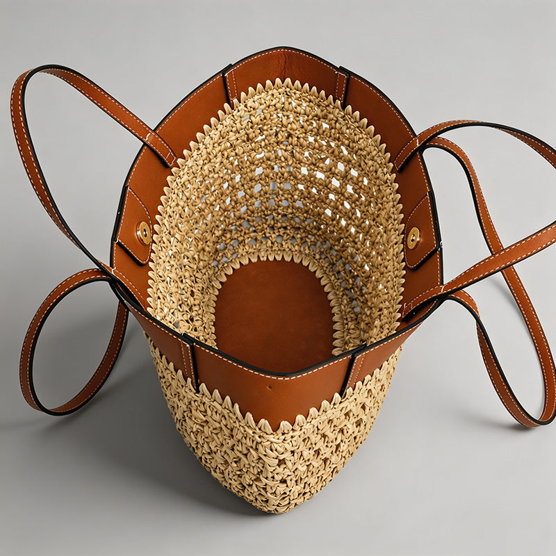Woven Leather-Trimmed Tote Bag - Shopdayla Wholesale - #8898