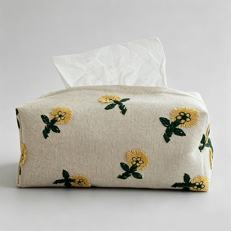 Embroidered Dandelion Linen Tissue Storage Box