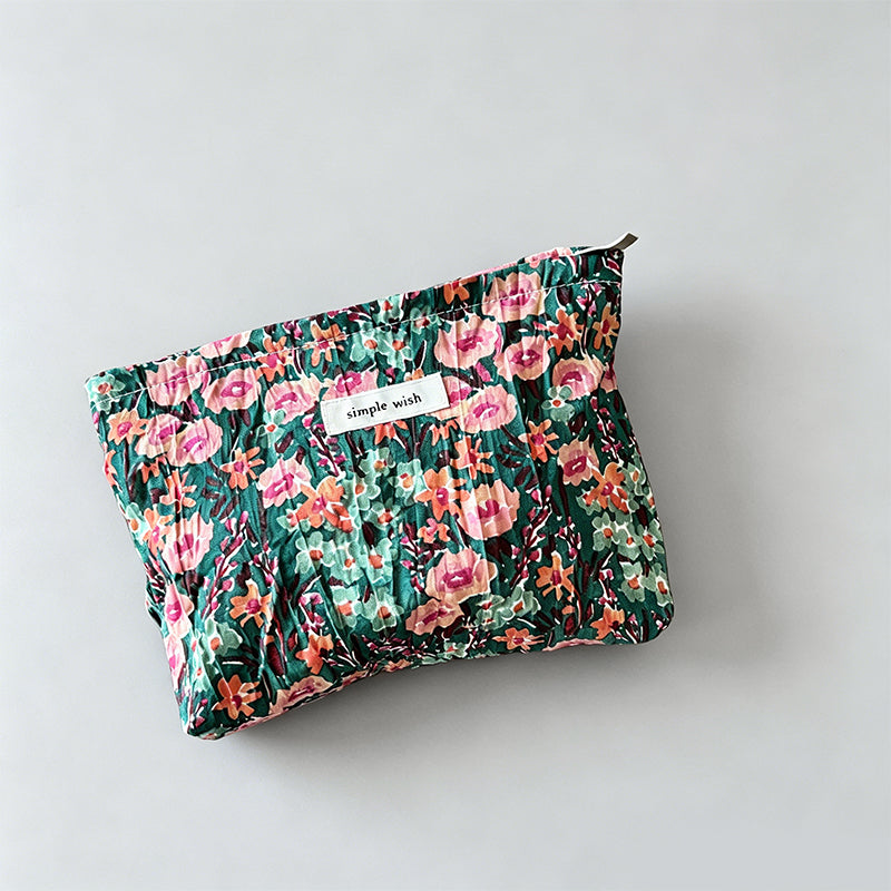 Natural Crinkle Embossed Floral Cotton Makeup Pouch