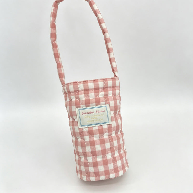 Plaid Big Quilted Fabric Water Bottle Carry Pouch