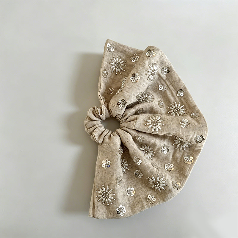 Natural Beaded Sequin Oversized Scrunchie