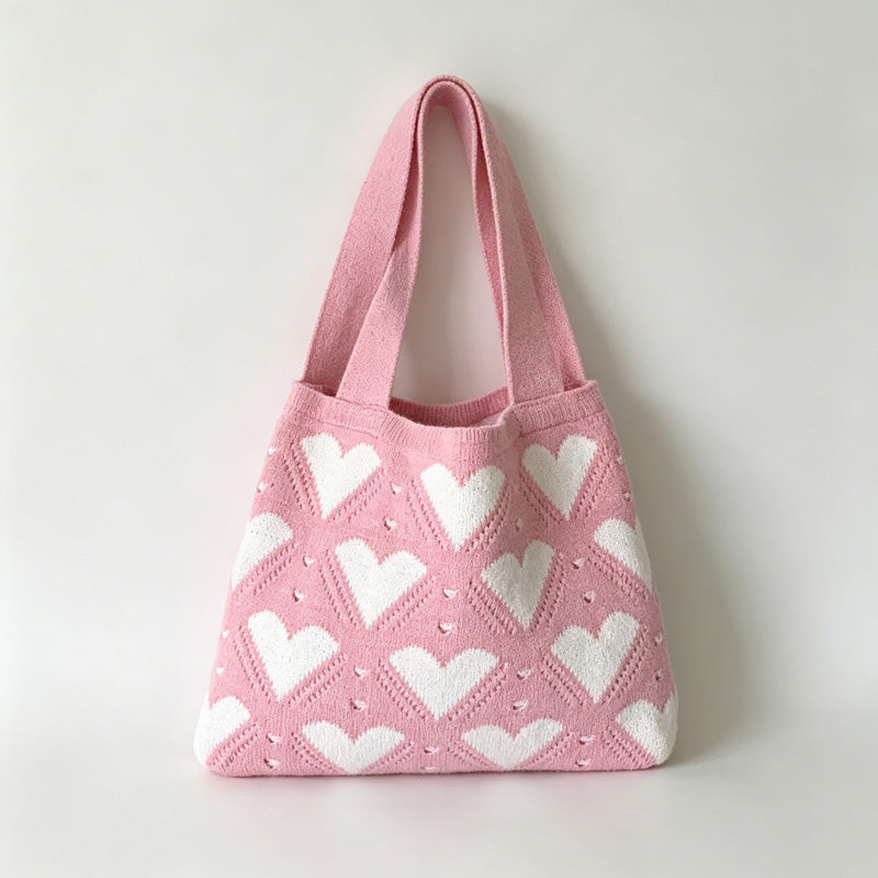 Heart Pattern Knit Tote Bag