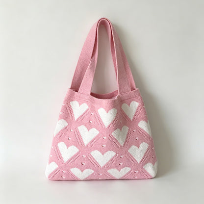 Heart Pattern Knit Tote Bag