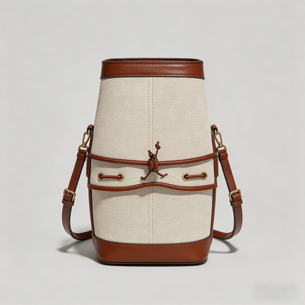 Canvas & Leather Drawstring Bucket Crossbody Bag