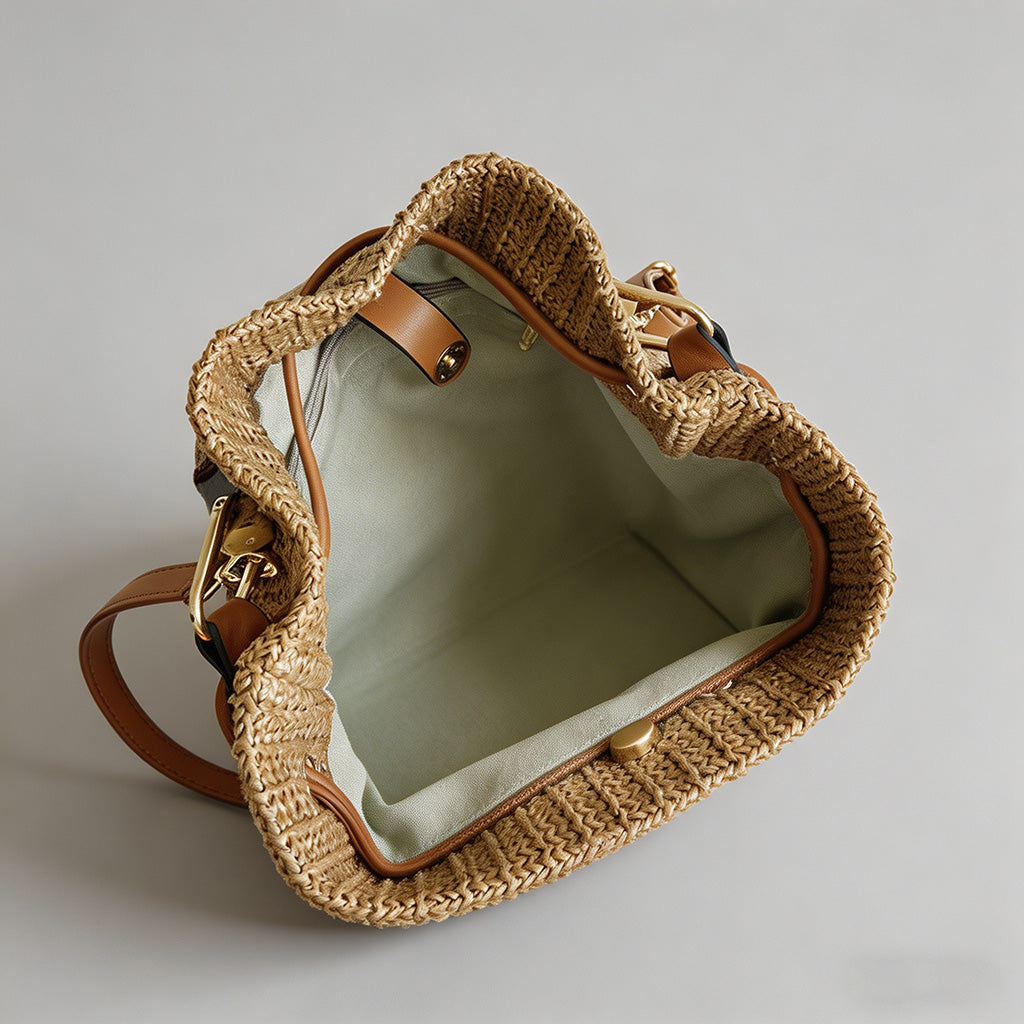 Bamboo Handle Straw Bucket Crossbody Bag