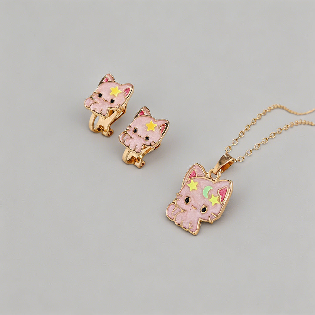 Cute Cat Enamel Necklace Set - Shopdayla Wholesale - #0658