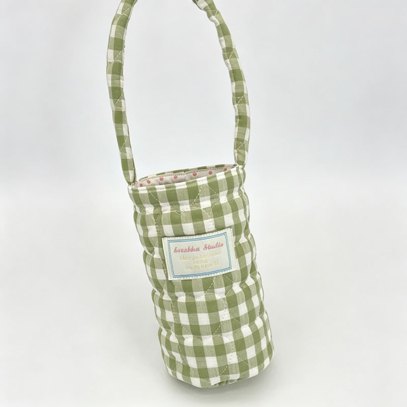 Plaid Big Quilted Fabric Water Bottle Carry Pouch