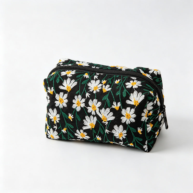 Daisy Floral Embroidery Square Cosmetic Bag