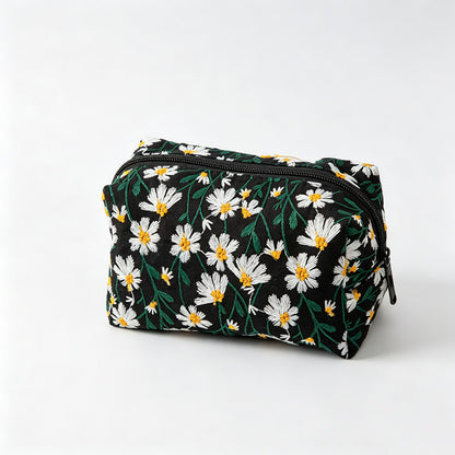 Daisy Floral Embroidery Square Cosmetic Bag