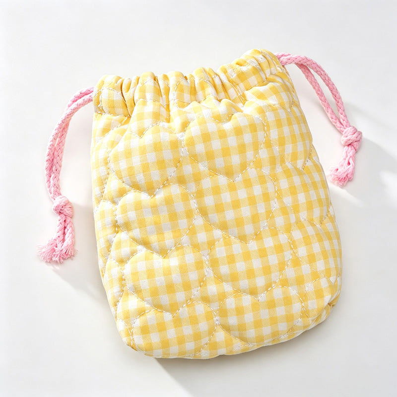 Quilted Gingham Drawstring Storage Pouch