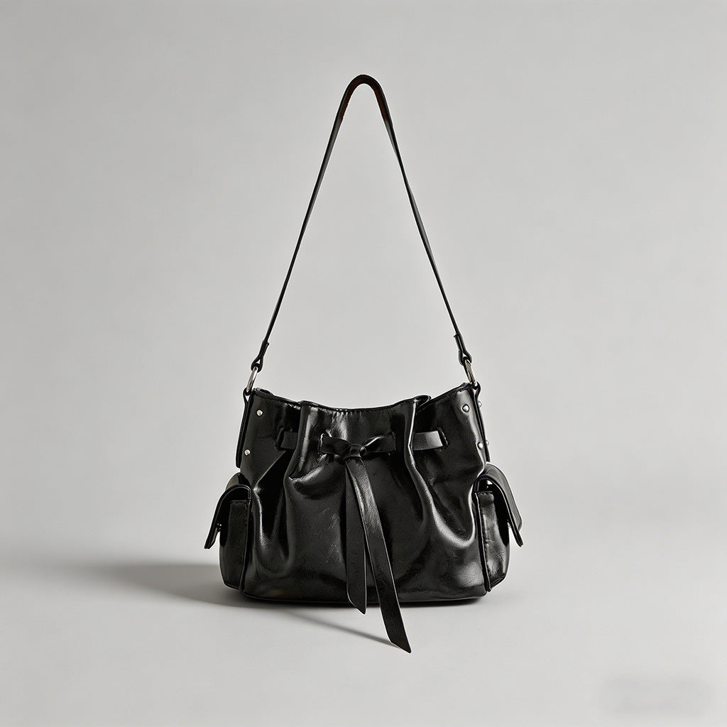 Waxed Faux Leather Ruched Drawstring Bucket Hobo Shoulder Bag