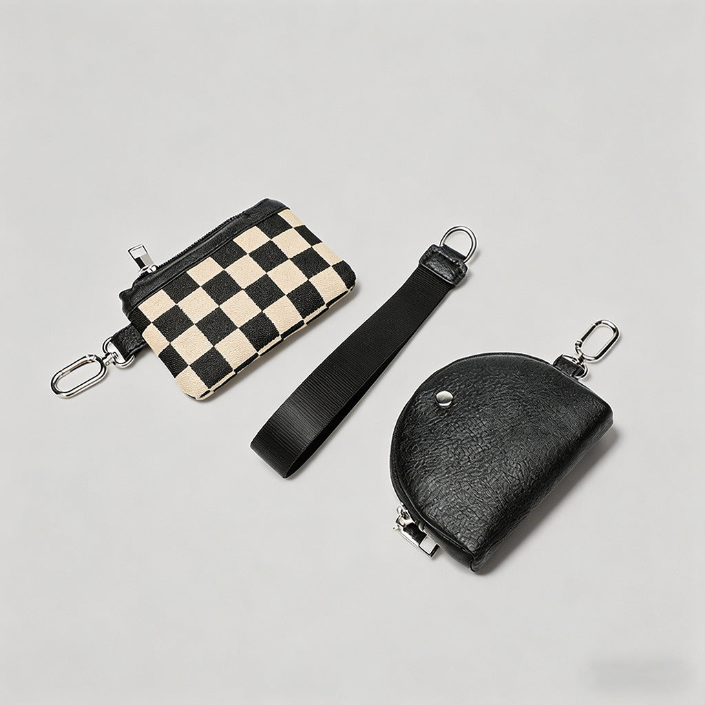 Checkered & Leather Wristlet Bag Set