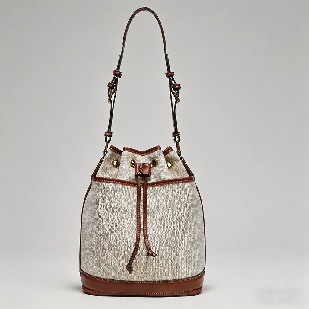 Canvas & Leather Drawstring Bucket Crossbody Bag