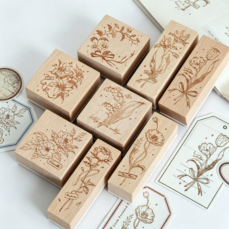 Floral Wooden Rubber Stamp