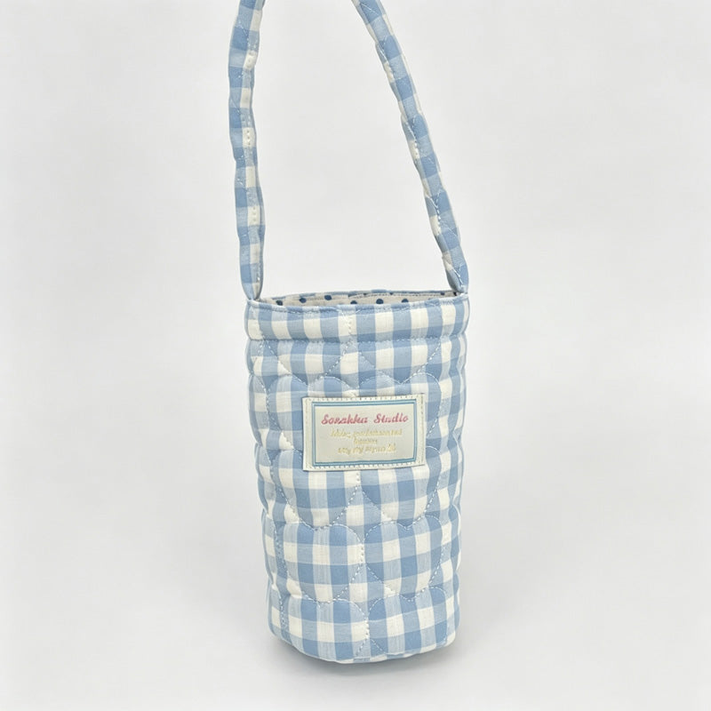 Plaid Big Quilted Fabric Water Bottle Carry Pouch