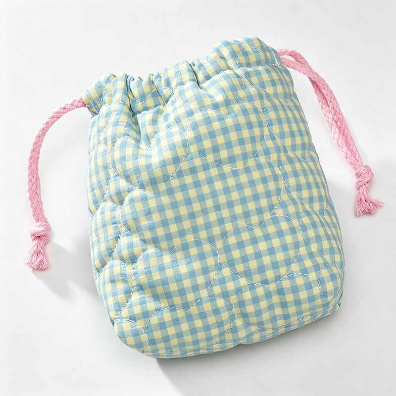 Quilted Gingham Drawstring Storage Pouch