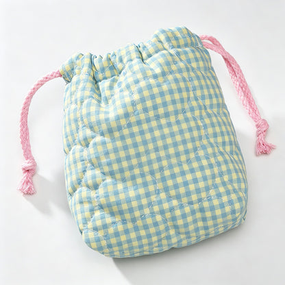 Quilted Gingham Drawstring Storage Pouch