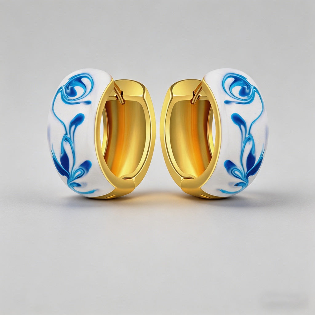 Blue Marbled Enamel 18K Gold P - Shopdayla Wholesale - #6338