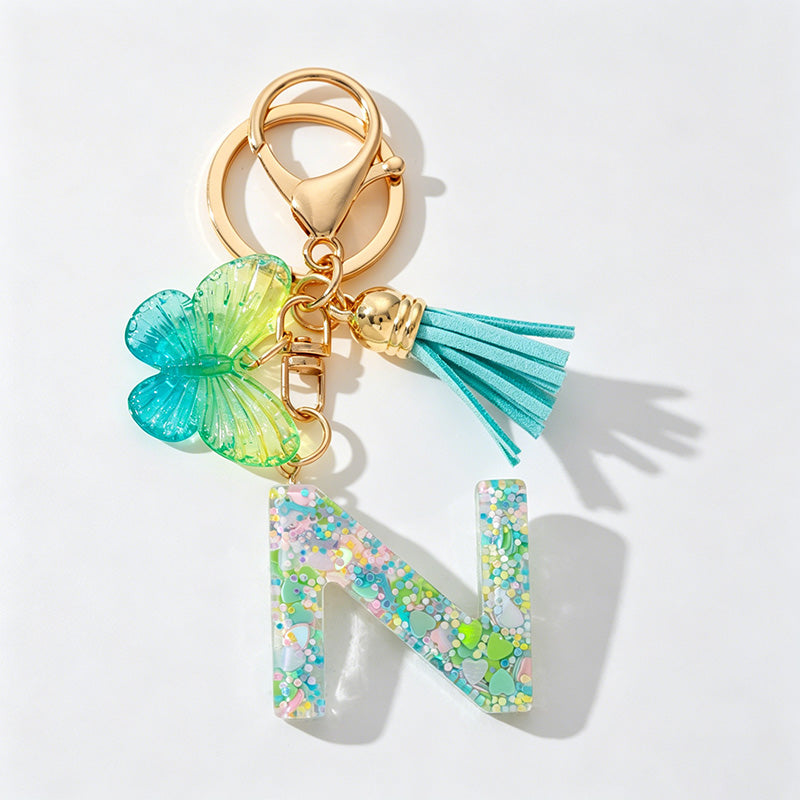 26 Letters Resin Butterfly Charm Keychains