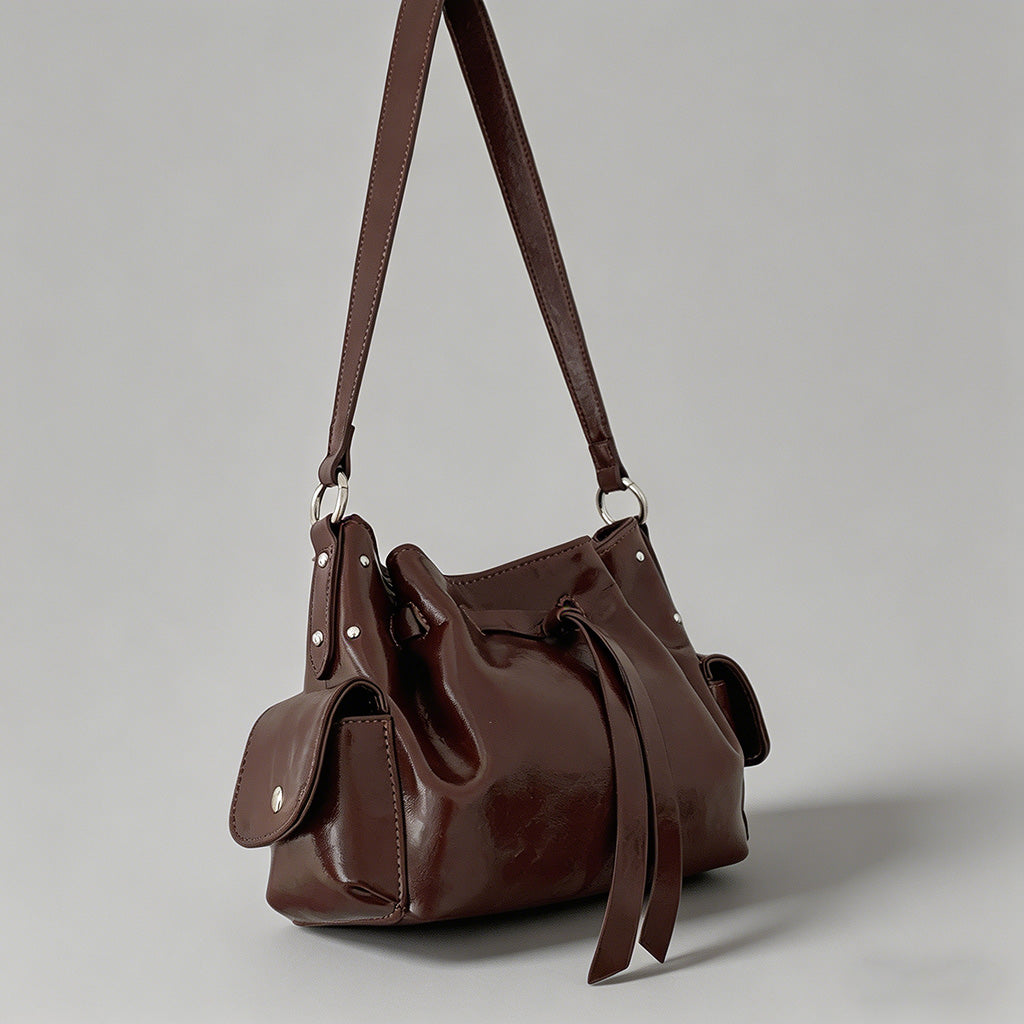Waxed Faux Leather Ruched Drawstring Bucket Hobo Shoulder Bag