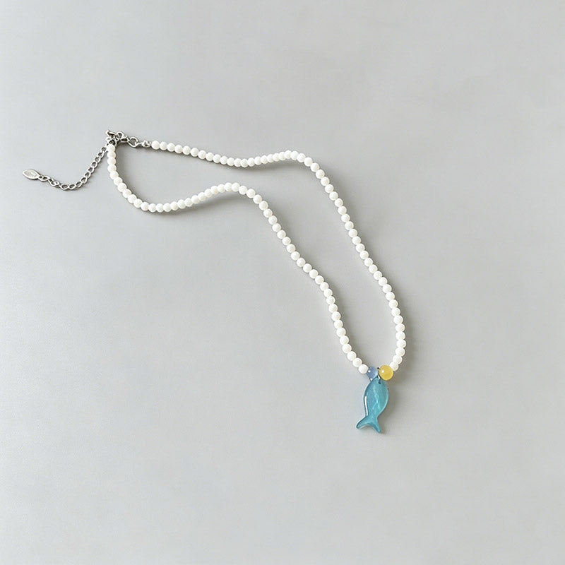 Aesthetic Stone Geometric Textured Fish Pendant Necklace