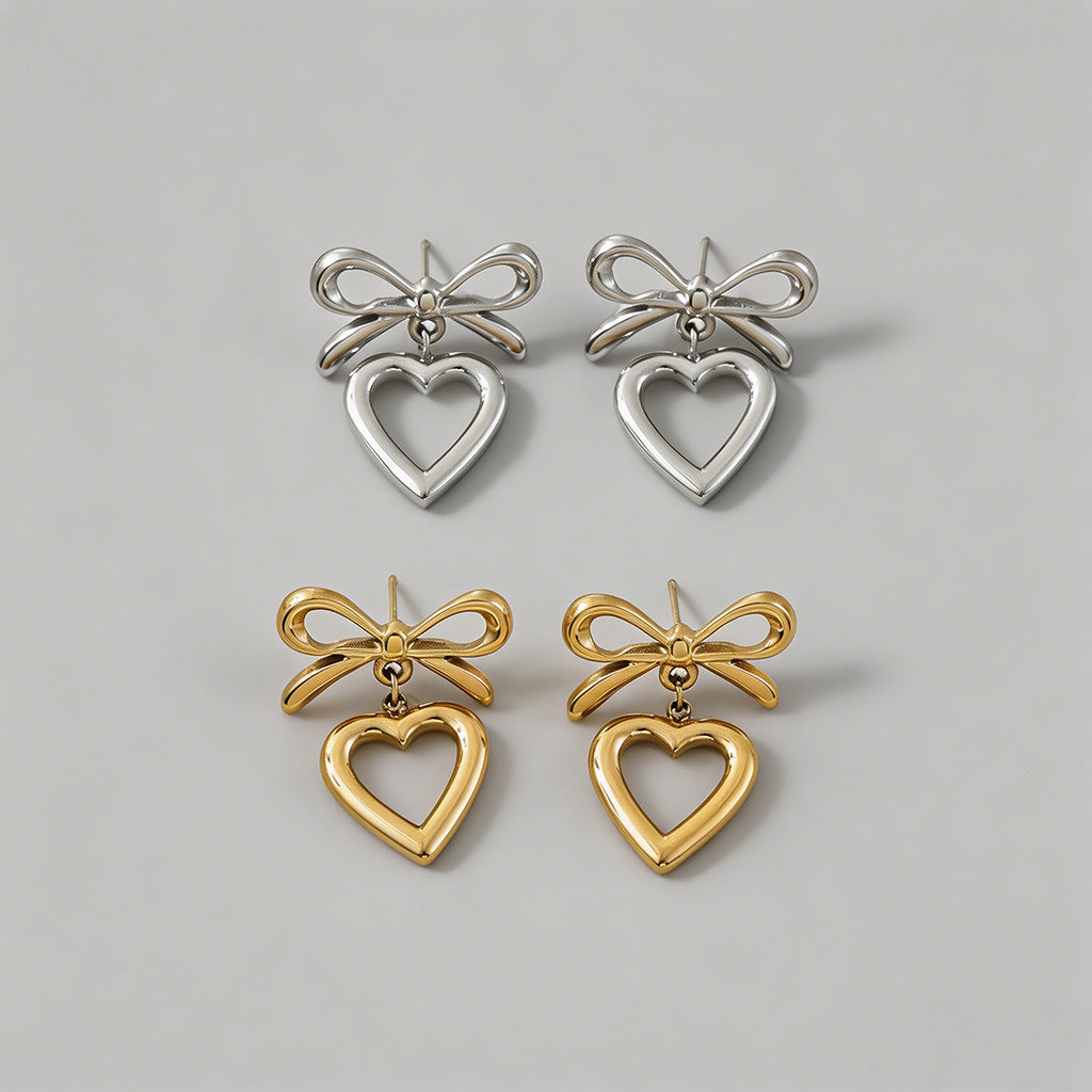 Bow & Open Heart Drop Earrings - Shopdayla Wholesale - #2642