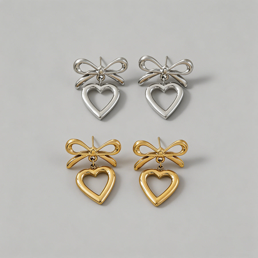 Bow & Open Heart Drop Earrings - Shopdayla Wholesale - #2642