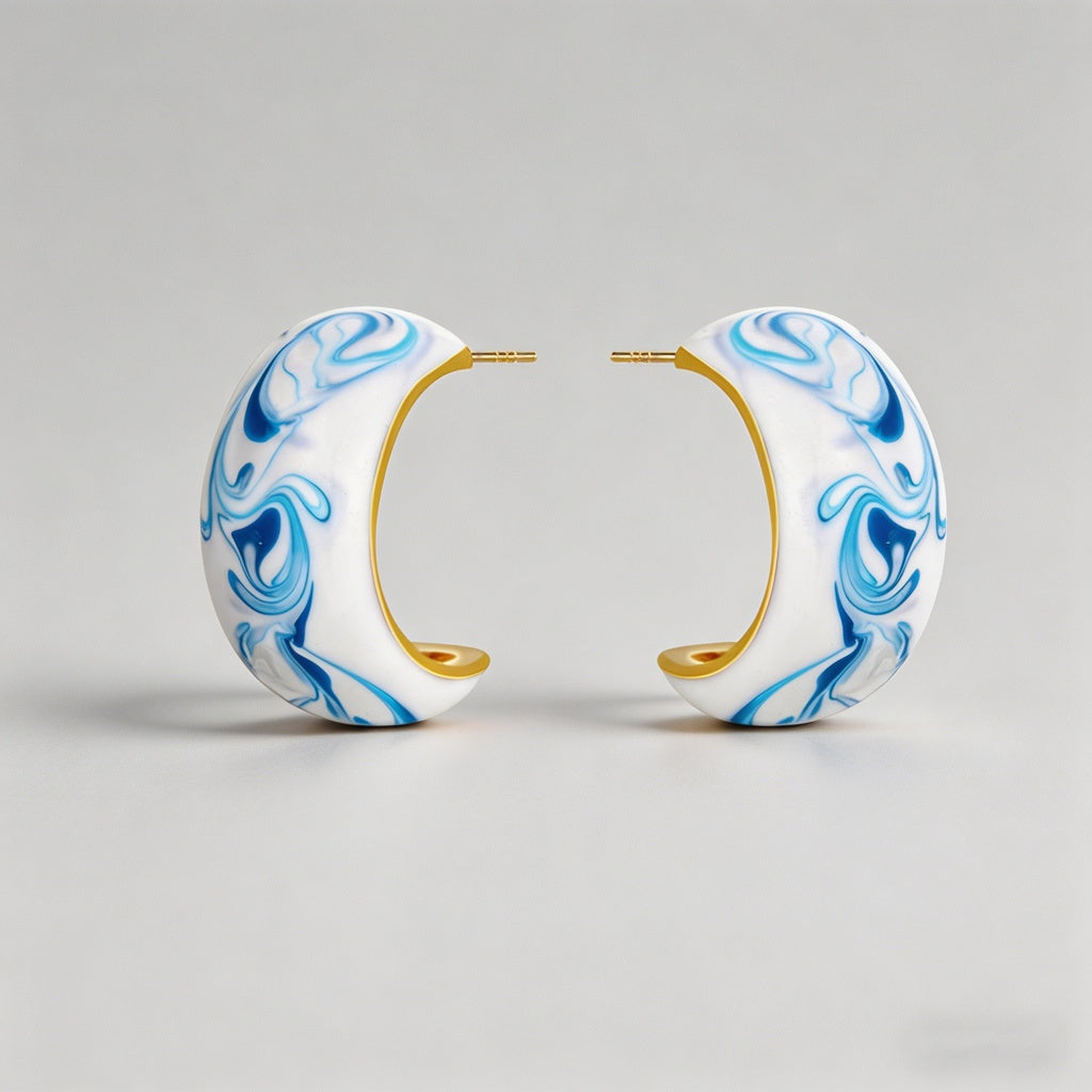Blue Marbled Enamel 18K Gold P - Shopdayla Wholesale - #7410