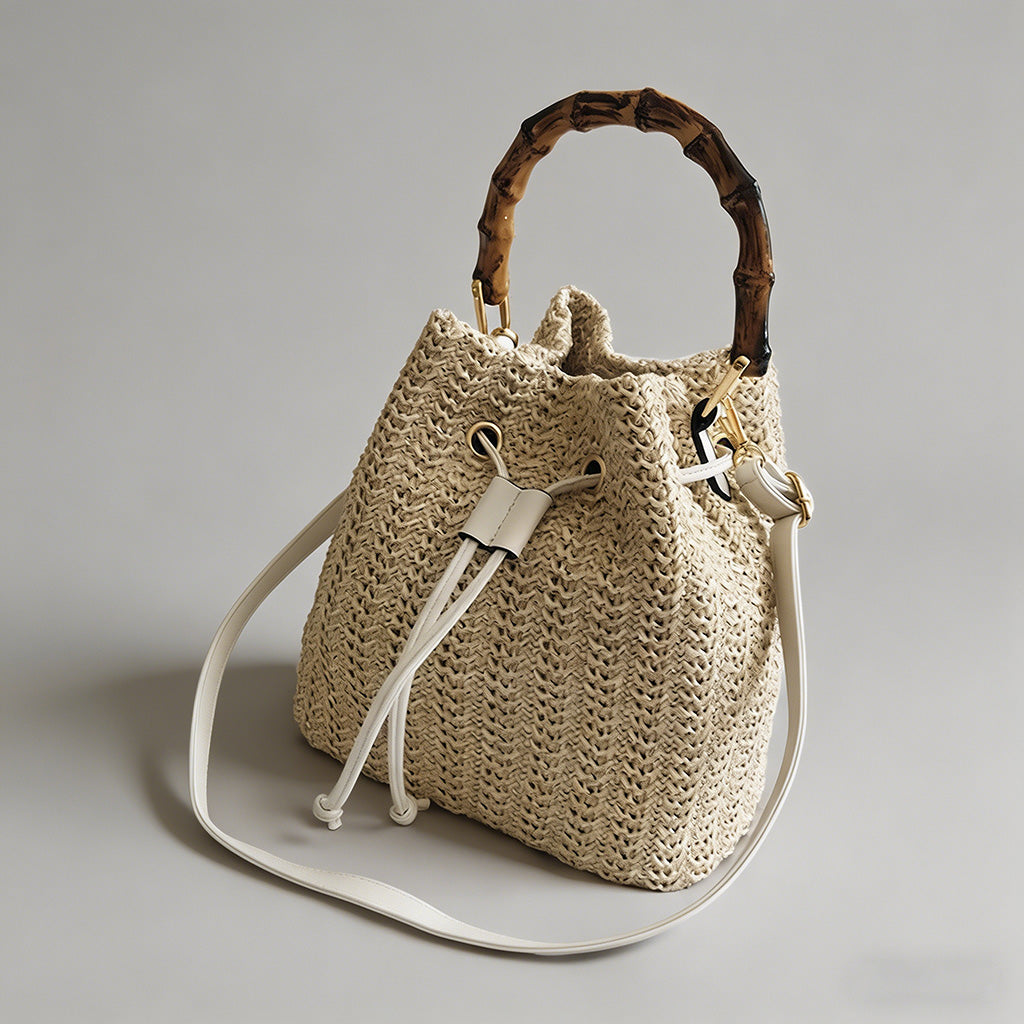 Bamboo Handle Straw Bucket Crossbody Bag