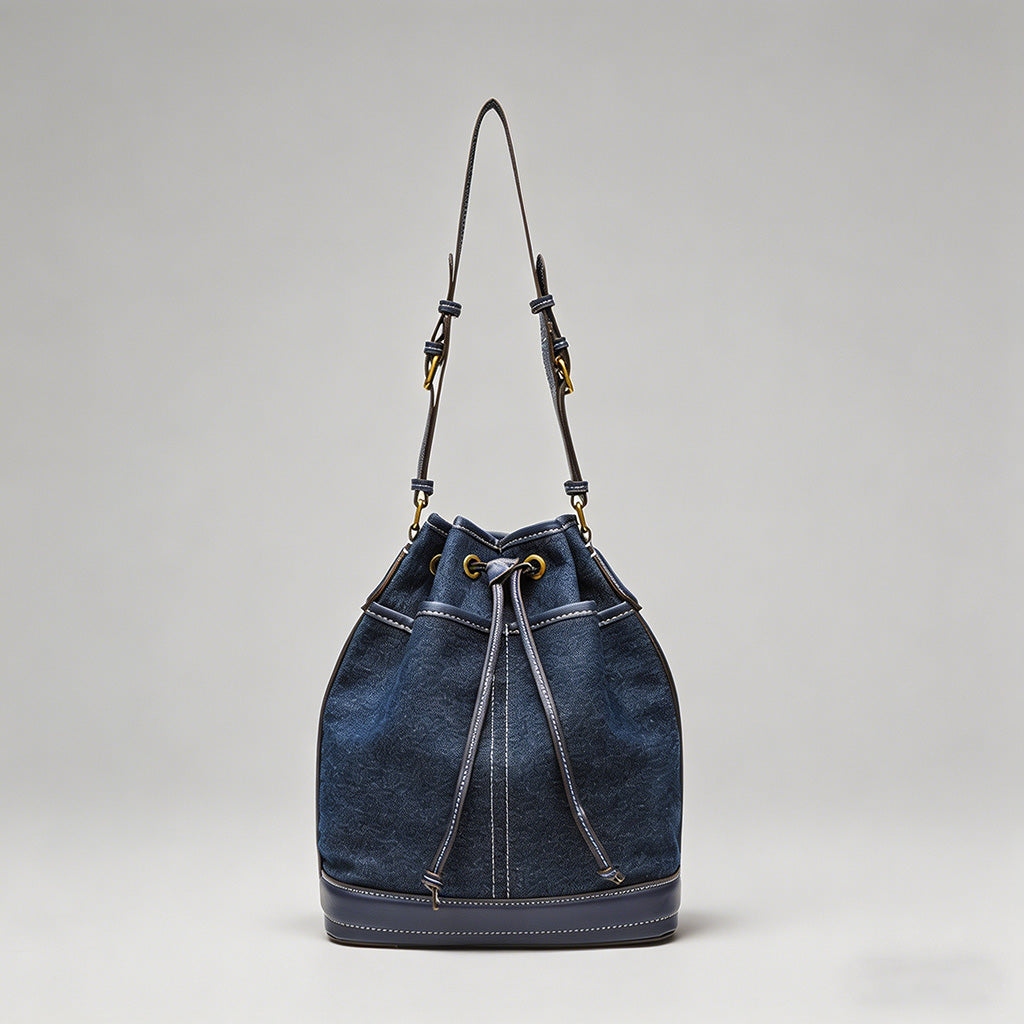 Canvas & Leather Drawstring Bucket Crossbody Bag