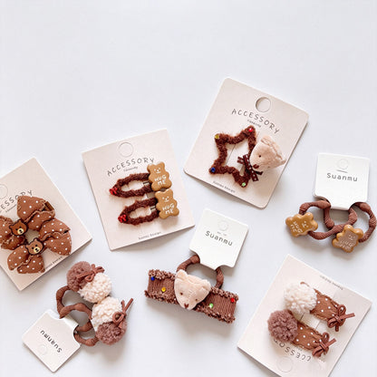 Brown Bow Pom Pom Hair Clips