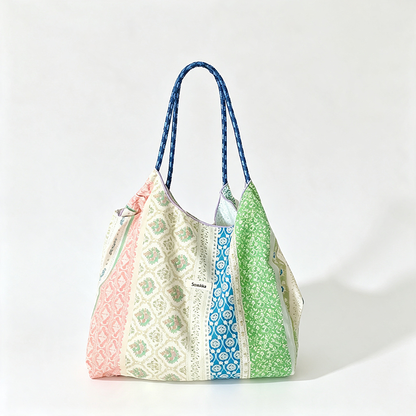 Floral Stripe Print Reusable Tote Bag