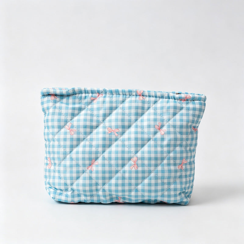 Gingham Bow Print Quilted Zipper Pouch