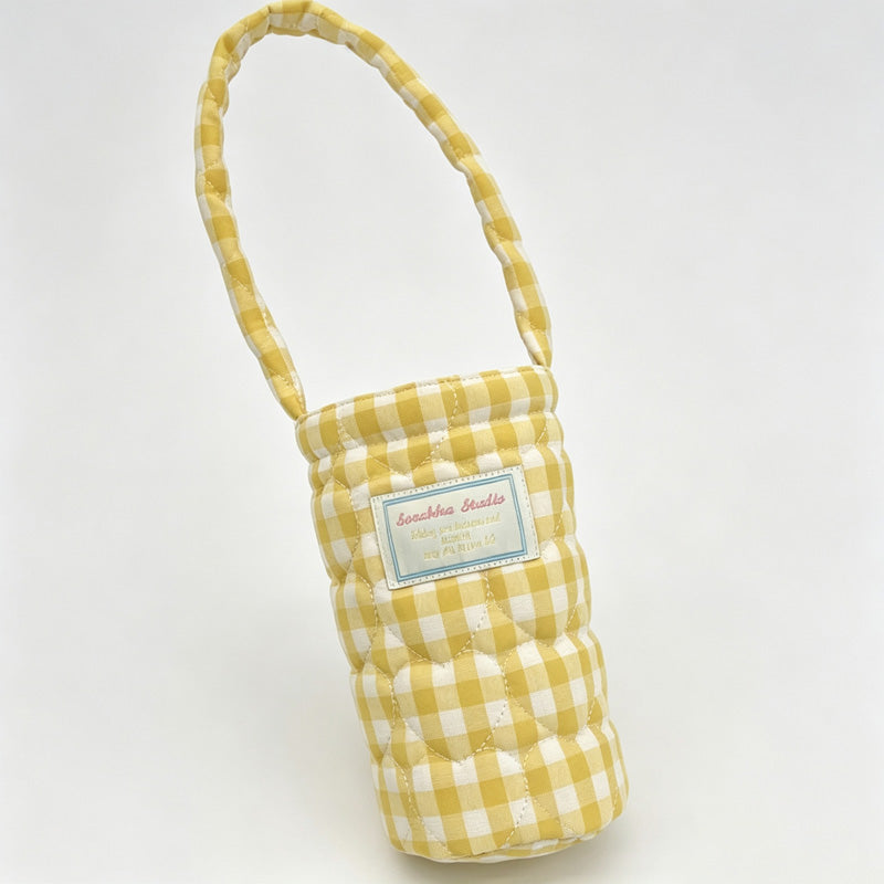Plaid Big Quilted Fabric Water Bottle Carry Pouch
