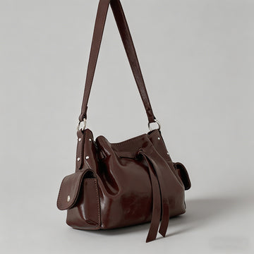 Waxed Faux Leather Ruched Drawstring Bucket Hobo Shoulder Bag