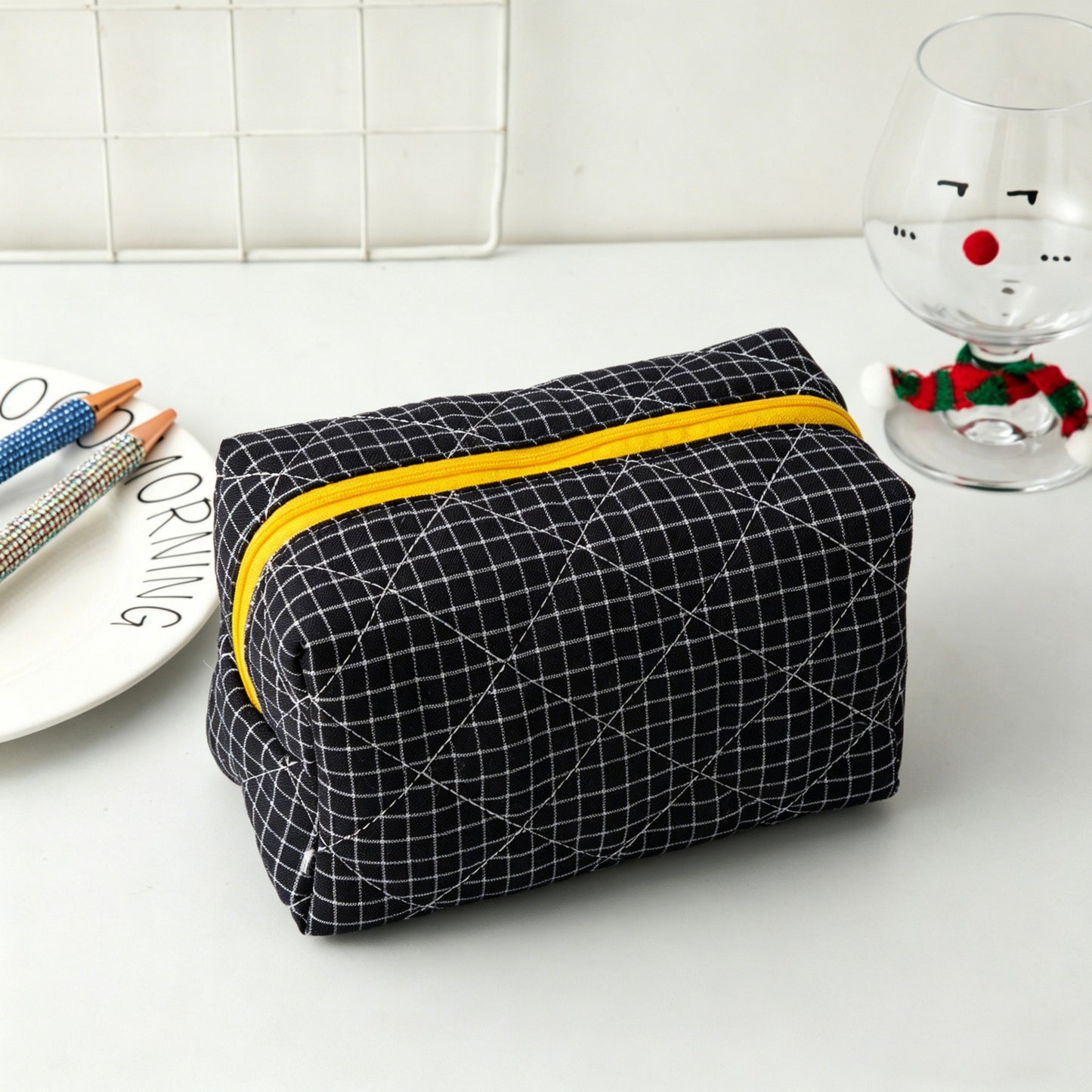 Contrast Plaid Large Capacity Travel Cosmetic Bag
