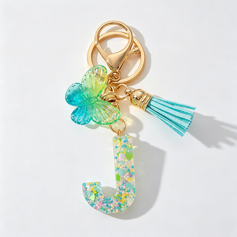 26 Letters Resin Butterfly Charm Keychains
