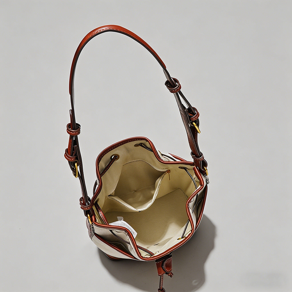 Canvas & Leather Drawstring Bucket Crossbody Bag