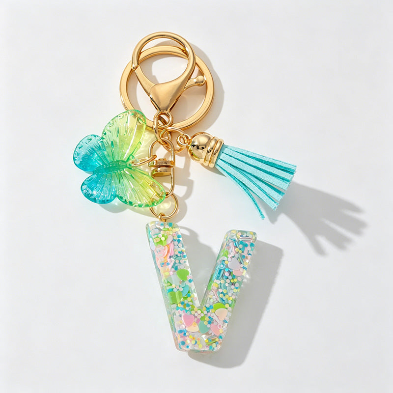 26 Letters Resin Butterfly Charm Keychains