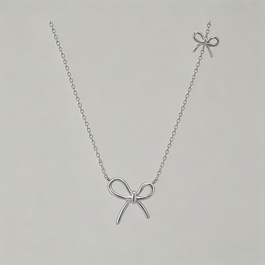 Double Bow Charm Silver Neckla - Shopdayla Wholesale - #7890