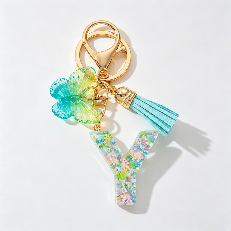 26 Letters Resin Butterfly Charm Keychains