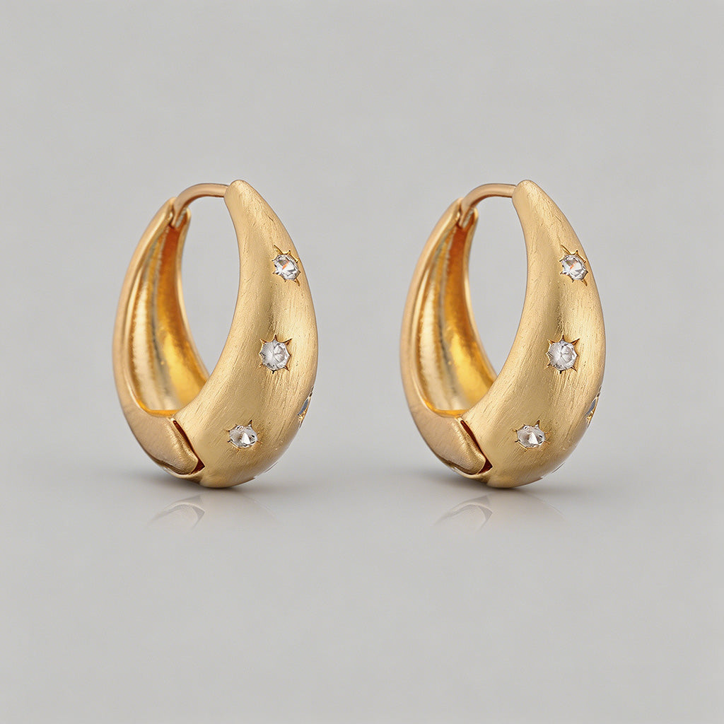 Brushed Starburst CZ Dome Hoop Earrings