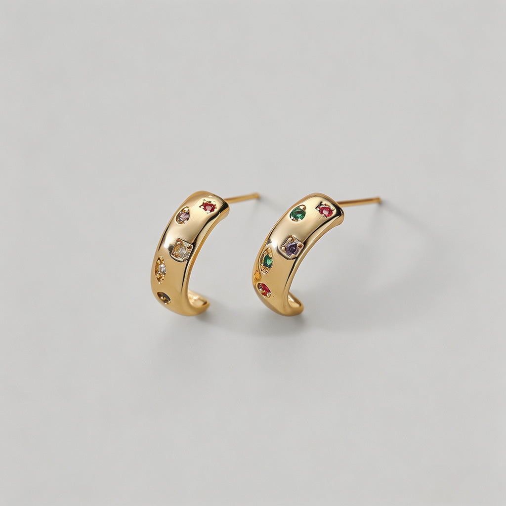 Gold Multicolor CZ Hoop Stud E - Shopdayla Wholesale - #3842