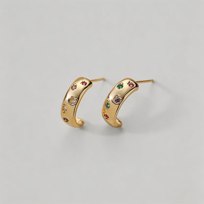 Gold Multicolor CZ Hoop Stud E - Shopdayla Wholesale - #3842