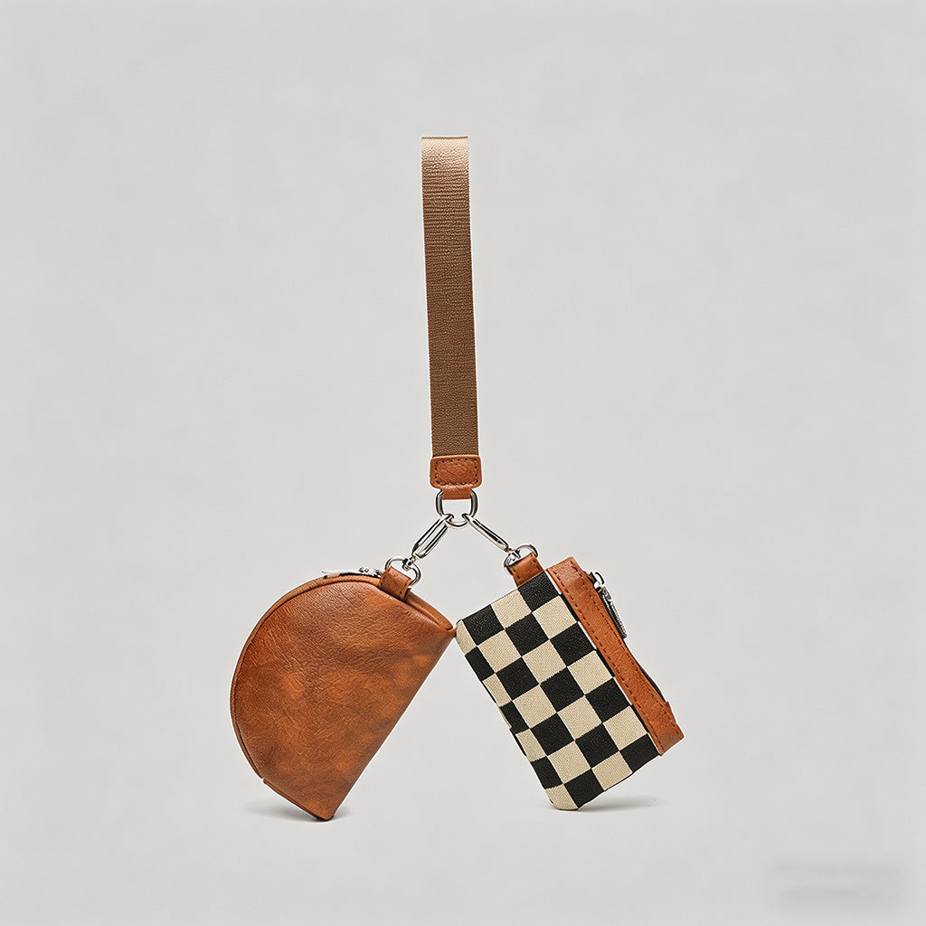 Checkered & Leather Wristlet B - Shopdayla Wholesale - #2098